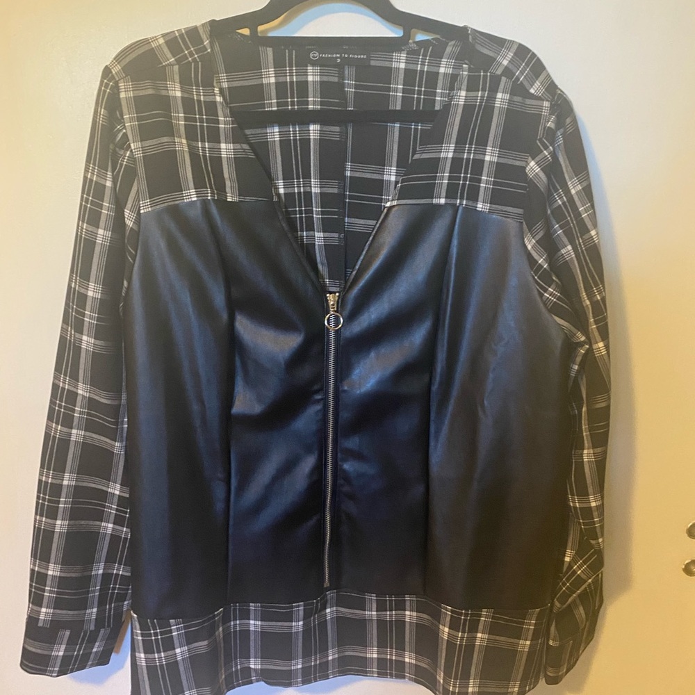 Black and Gray Plaid Women's zip front top